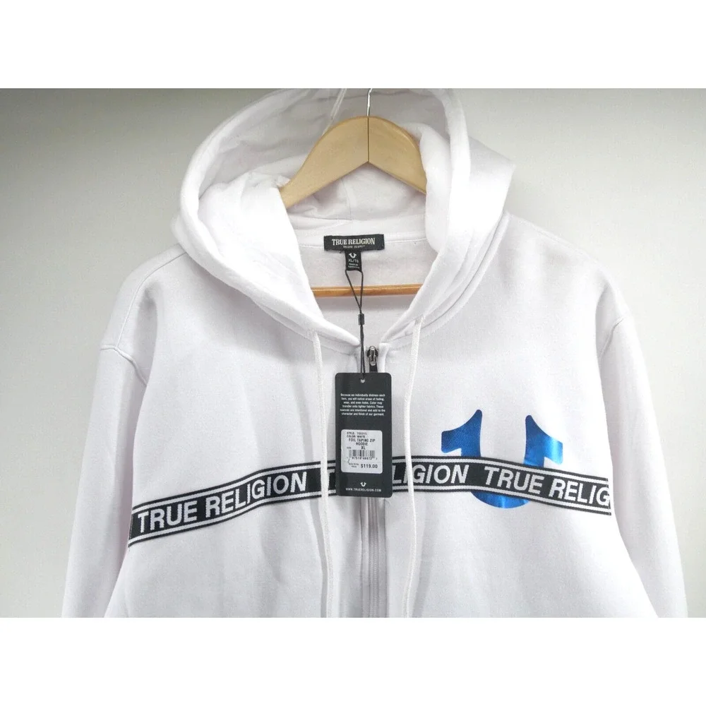 True Religion Men's Foil Taping Zip Hoodie XL NEW White $119 700315‎